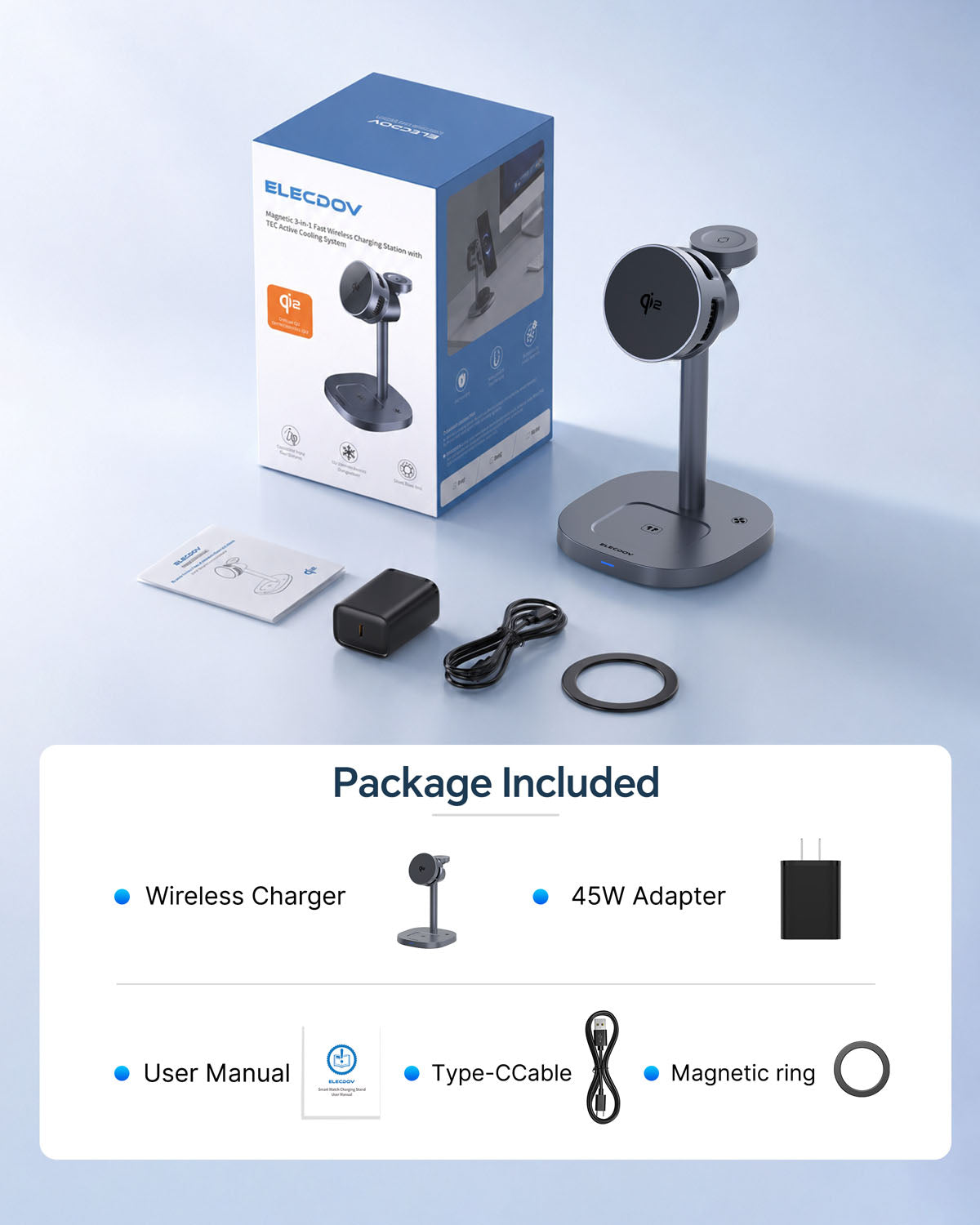 Elecdov W98S 3 In 1 Magnetic Charging Station for Samsung Qi2 Certified Charger,Includes Charger Plug
