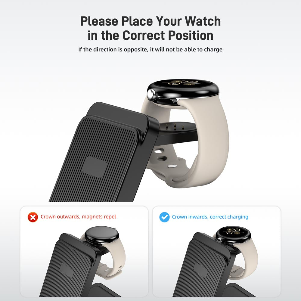 CE16G Google Pixel 3-in-1 charging station positioned on a modern home office desk setup, charging a Google Pixel phone at optimal angle, with a Pixel Watch on the dedicated cradle and Pixel Buds on the earbuds pad, surrounded by a clean workspace with monitor and keyboard visible in the background