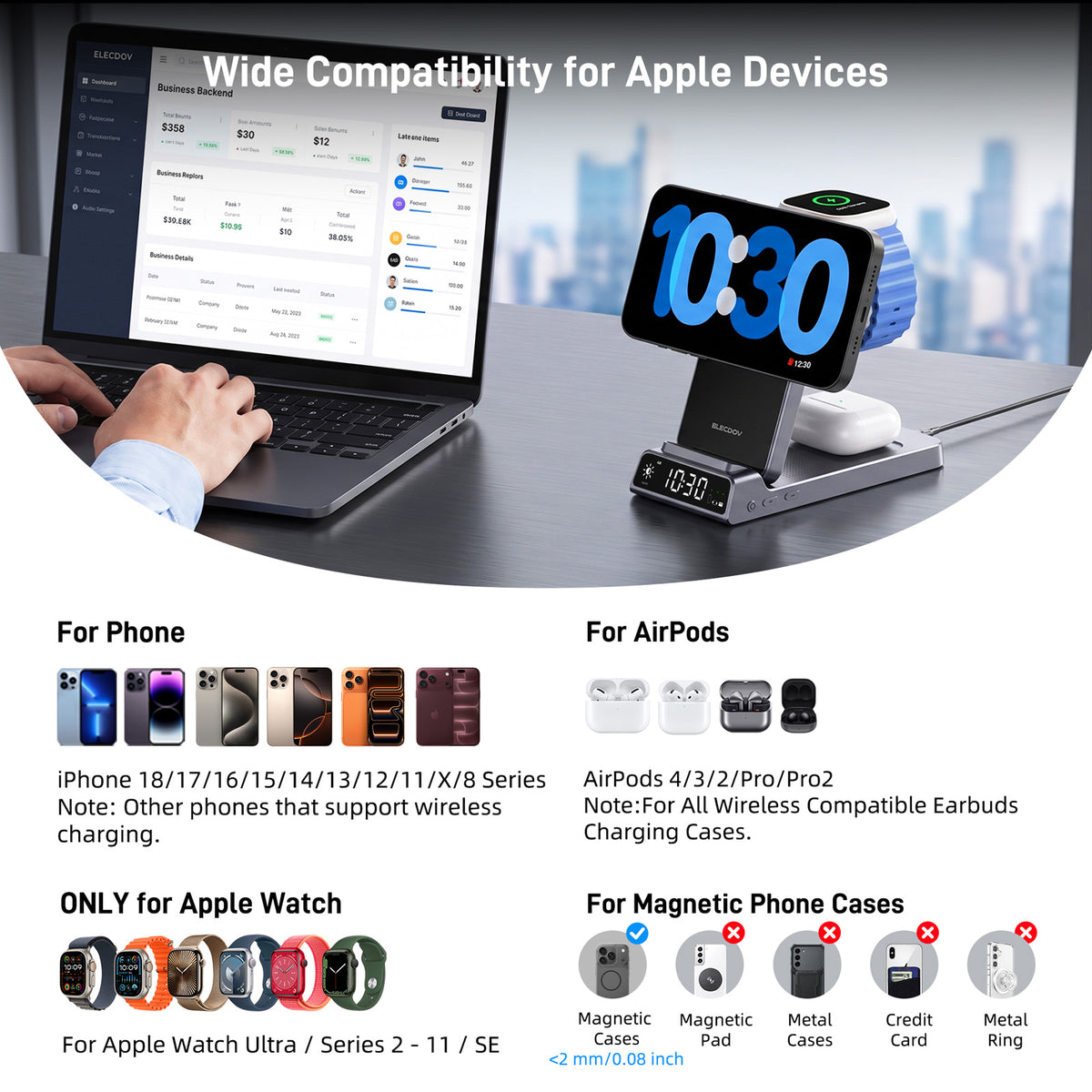 Elecdov CE19A-CF 3 In 1 Magnetic Charging Station for Apple,Includes Charger Plug