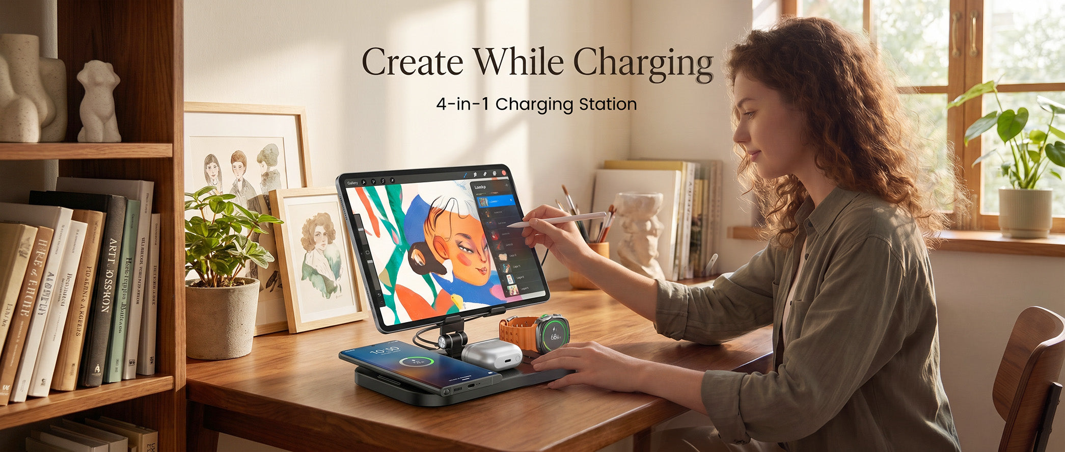 Multi-device charging station on a creative workspace