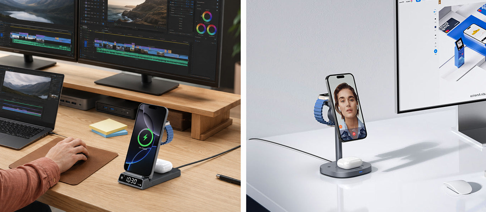 Elecdov Apple charging stations in use on a video editing desk with dual monitors, iPhone, Apple Watch and AirPods