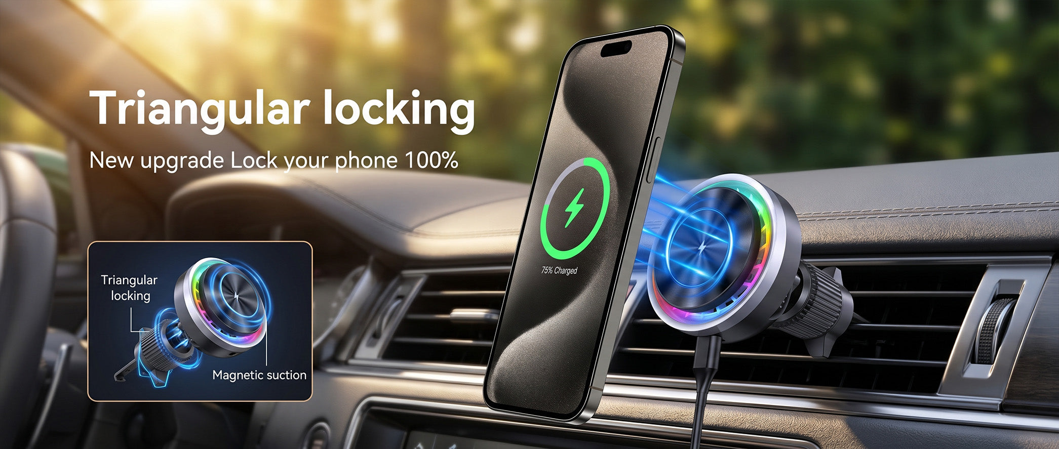 Elecdov CE05 magnetic wireless car charger with triangular locking mechanism and RGB ambient lighting installed on car dashboard