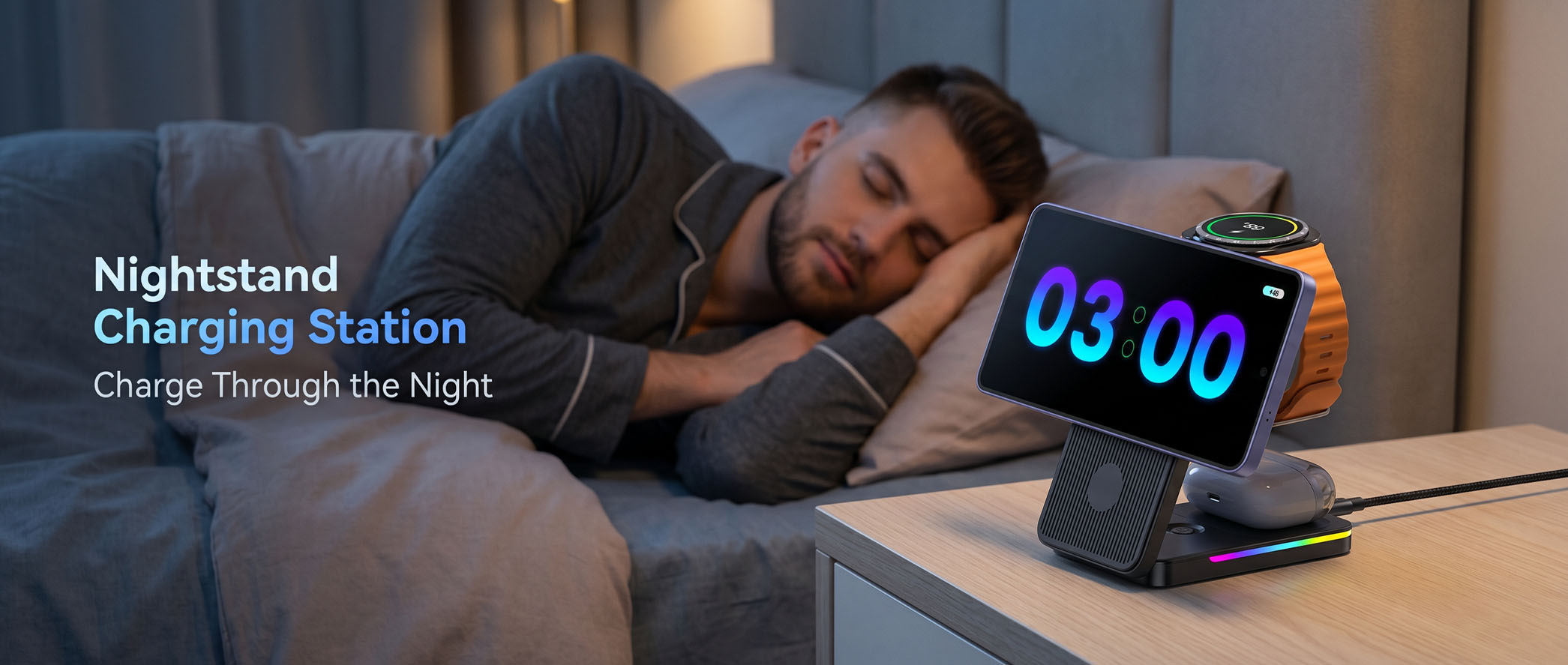 Bedroom nightstand charging station with integrated digital clock display