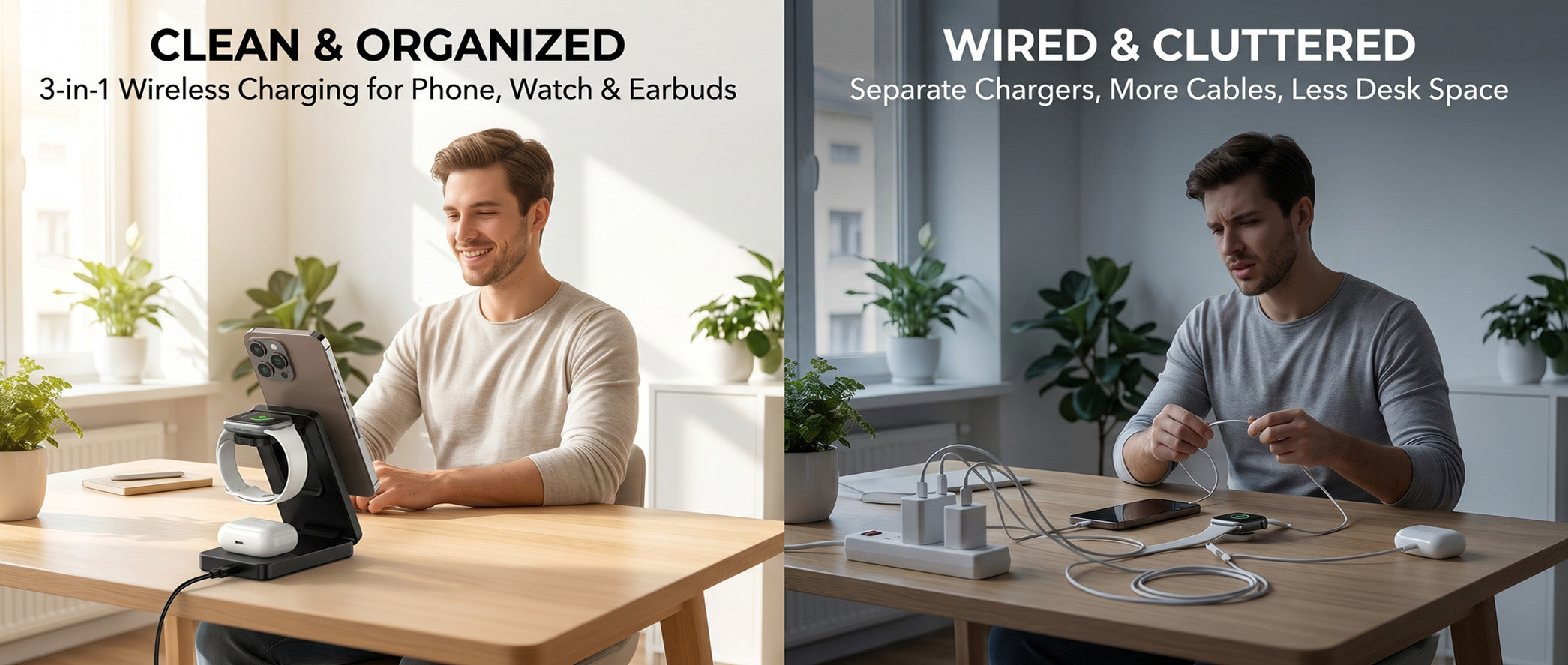 3-in-1 wireless charging station keeping desk clean and organized