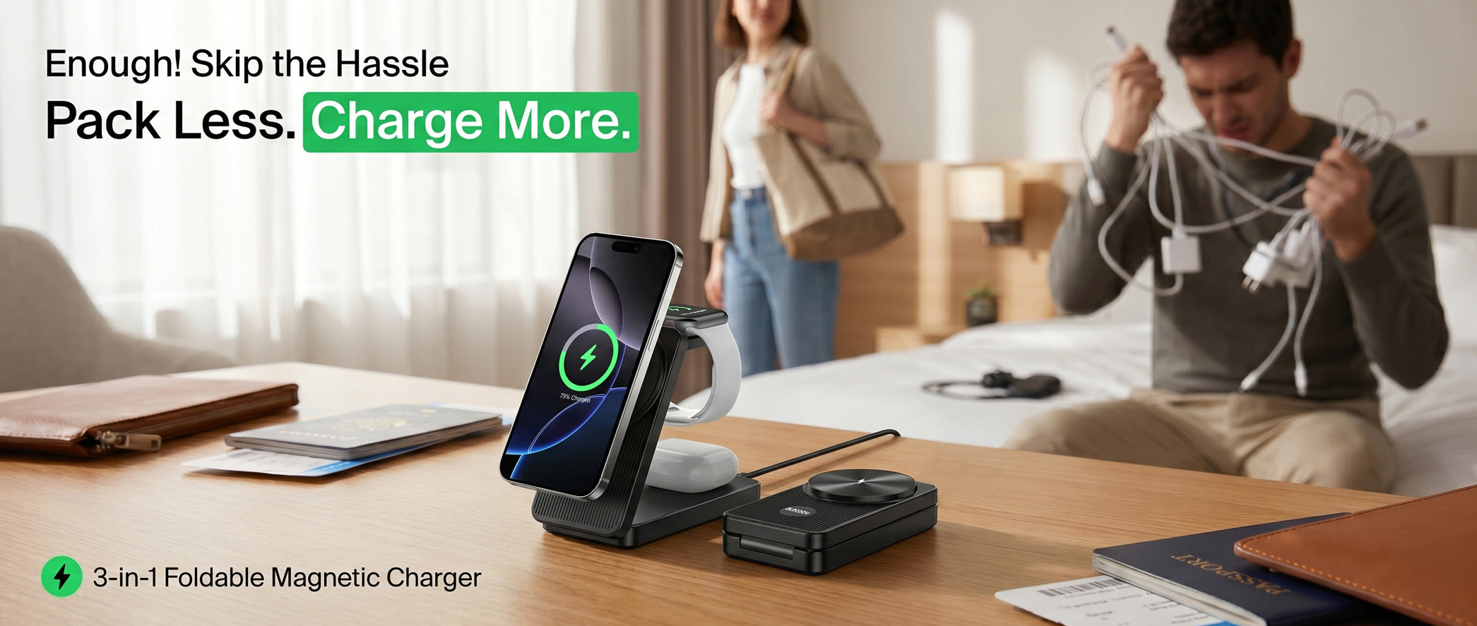3-in-1 foldable magnetic travel charger for hotels and co-working spaces