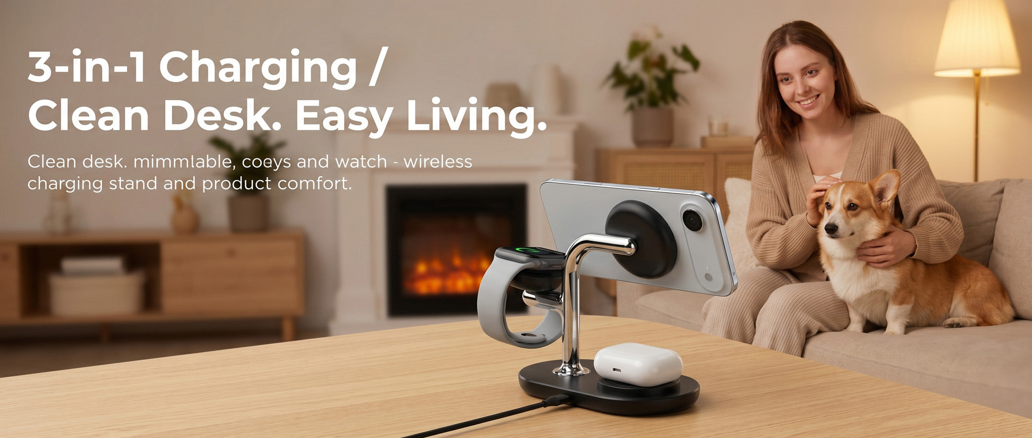 3-in-1 clean desk charging station with cozy aesthetic — Qi2.2 multi-protocol technology delivers a cable-free, future-proof workspace