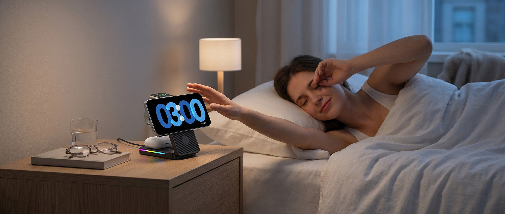 A bedside 3-in-1 charging lamp combining alarm clock, Bluetooth speaker and wireless pad