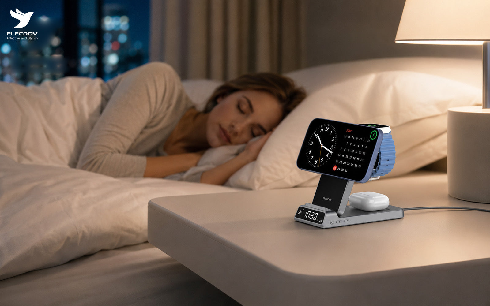 Elecdov 3-in-1 Apple charging station on a nightstand charging an iPhone, Apple Watch and AirPods beside a digital clock