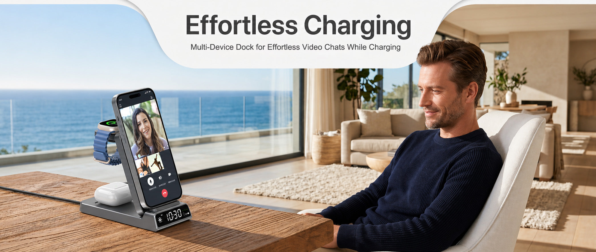 Multi-device dock station concept — the future of wireless charging convergence where Qi2.2 and spatial charging coexist in one elegant unit