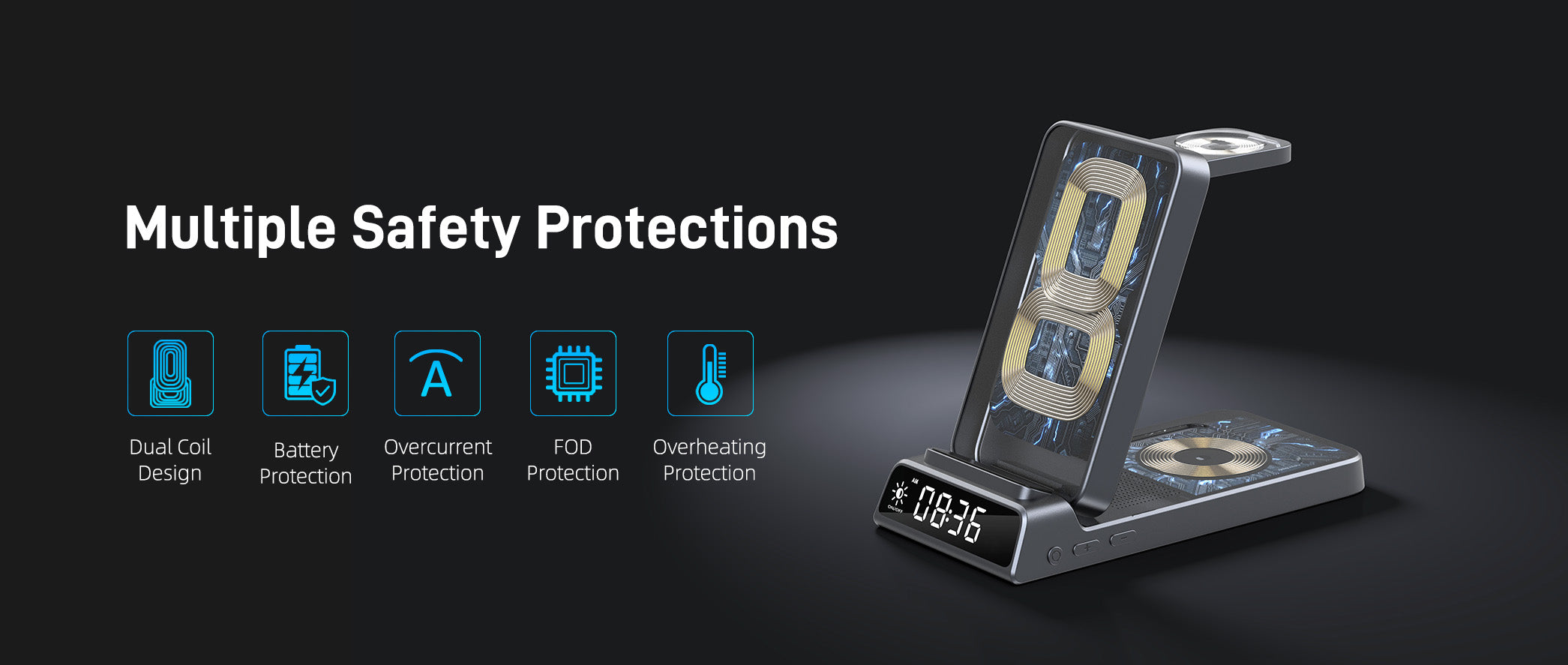 A transparent-design charging station showcasing premium internal build and modern tech