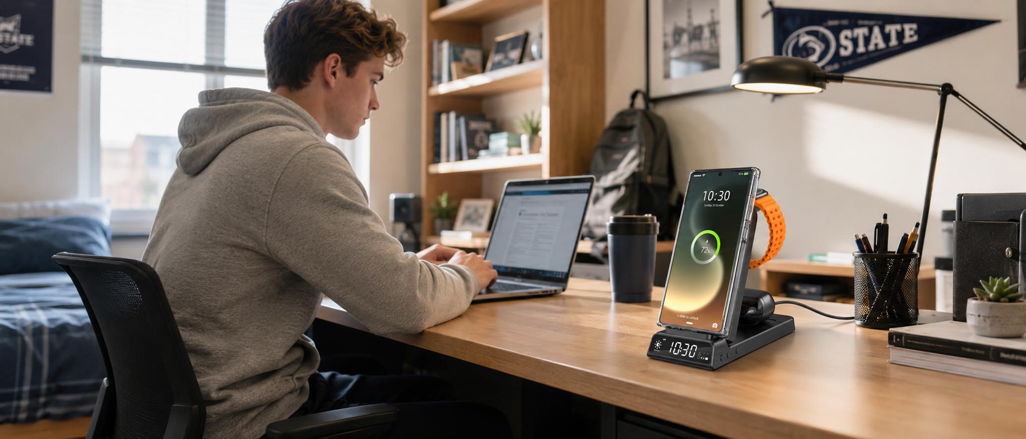 Elecdov CE20S triple device charging station showing Qi2.2 25W wireless charging for Samsung and Apple devices