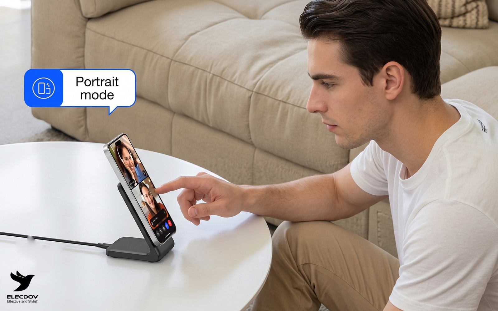 Elecdov magnetic charging stand holding an iPhone in portrait orientation during a video call