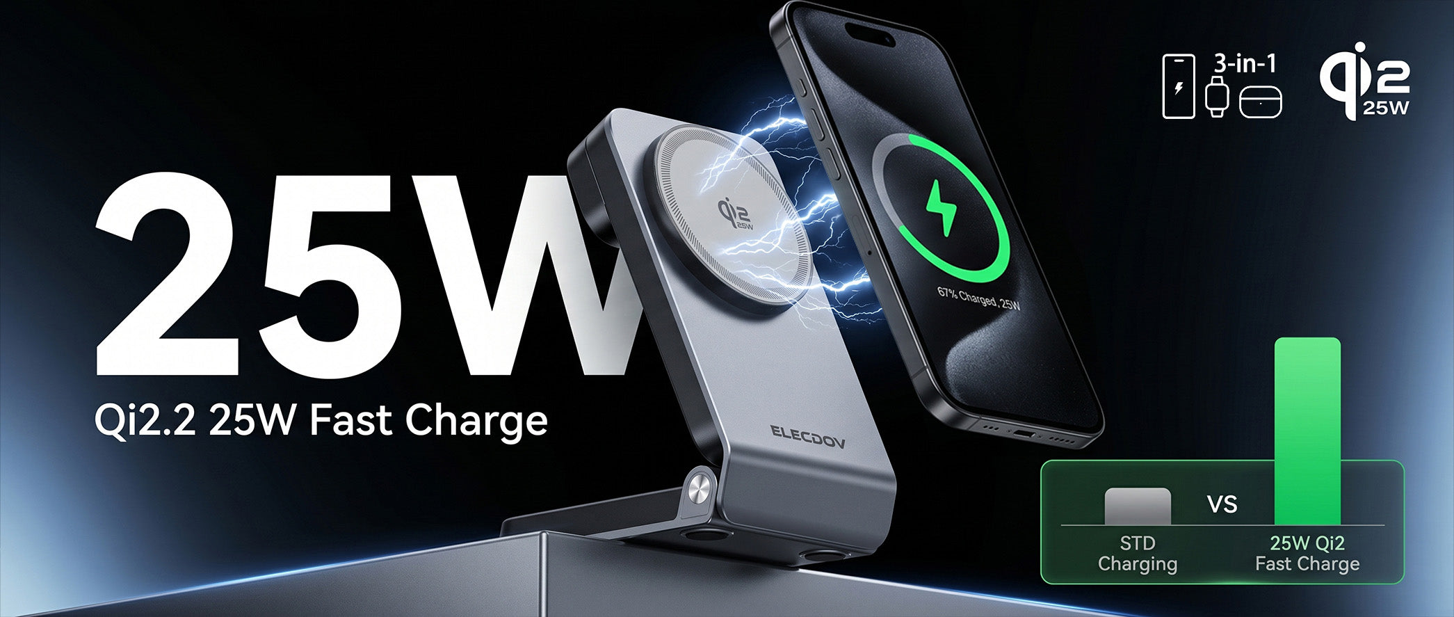 25W Qi2.2 fast charging station with 3-in-1 wireless charger