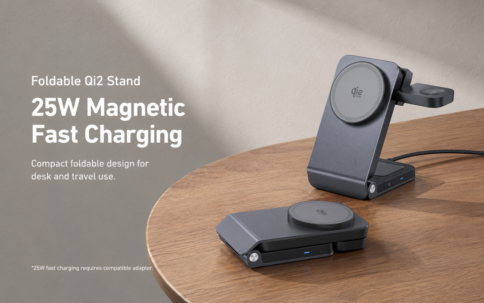 Elecdov W103S Qi2.2 standard 25W wireless charging foldable stand, unfolded and folded modes, on a wooden desk