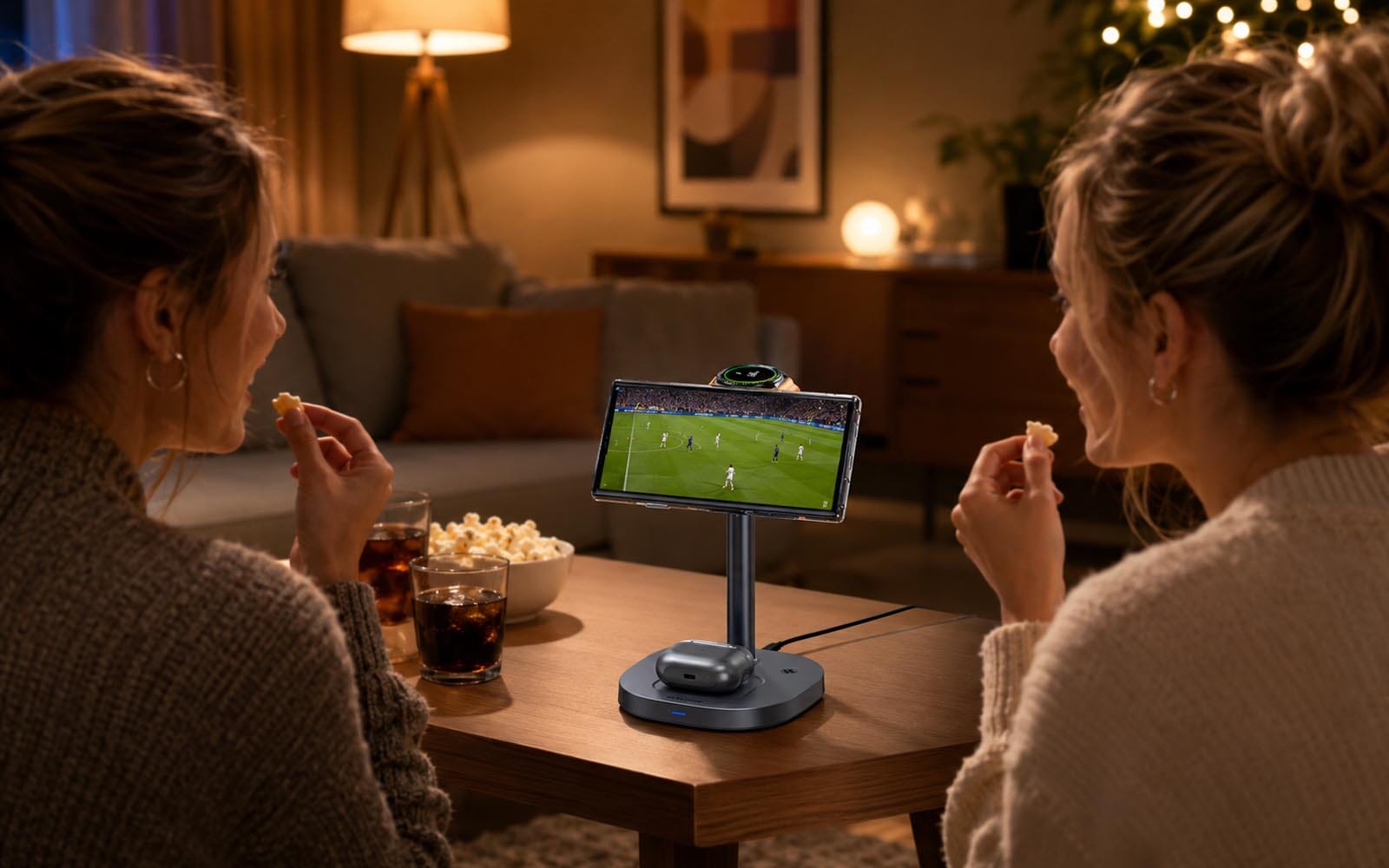 A cozy living room where friends share a multi-device charging hub during downtime