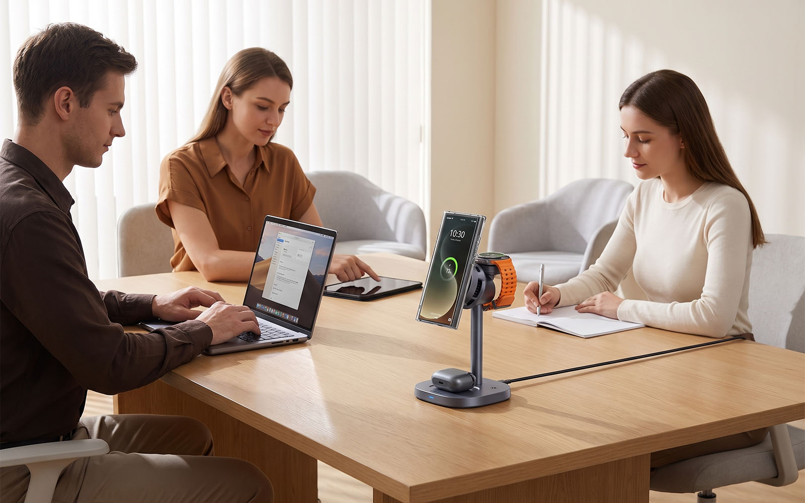 Modern meeting room with collaborative team using wireless charging station during work session