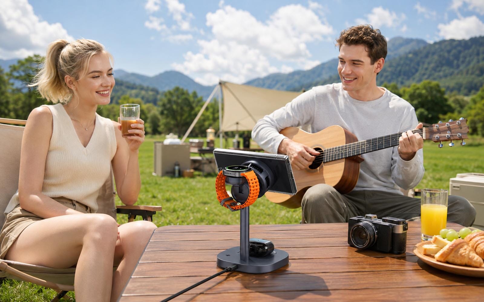 3-in-1 charging stand in an outdoor travel setting