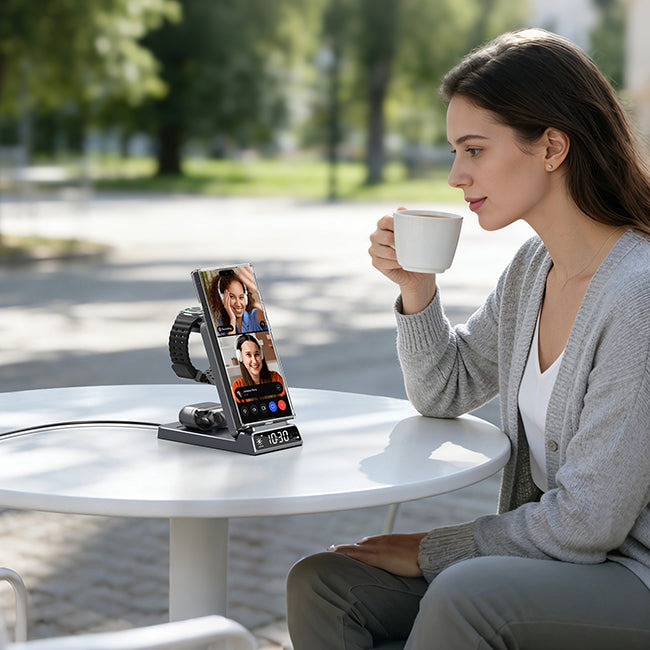Outdoor leisure mobile charging station at a cafe with multi-device wireless charging