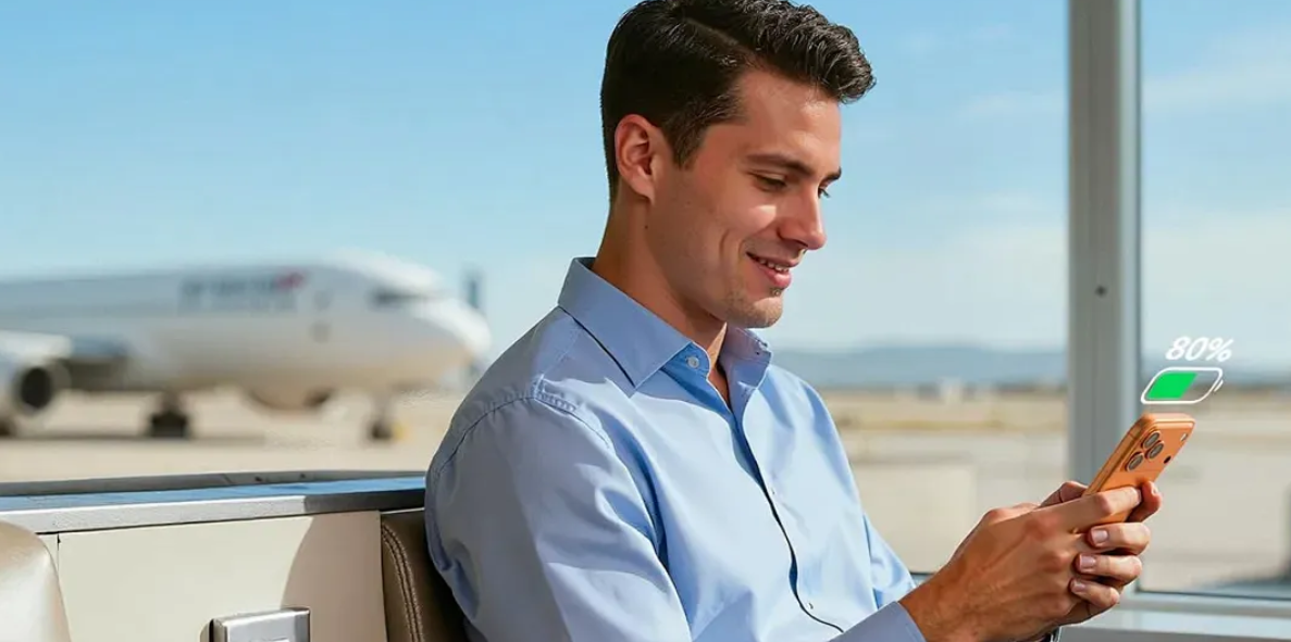 Airport charging station with portable charger keeping devices powered during travel