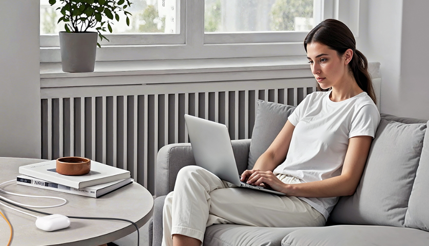 Minimalist home office with wireless charging integration — Qi2.2 technology enables invisible power delivery across the entire workspace
