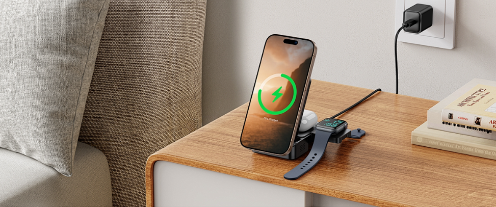 Bedside wireless multi-device nightstand setup for travel and home