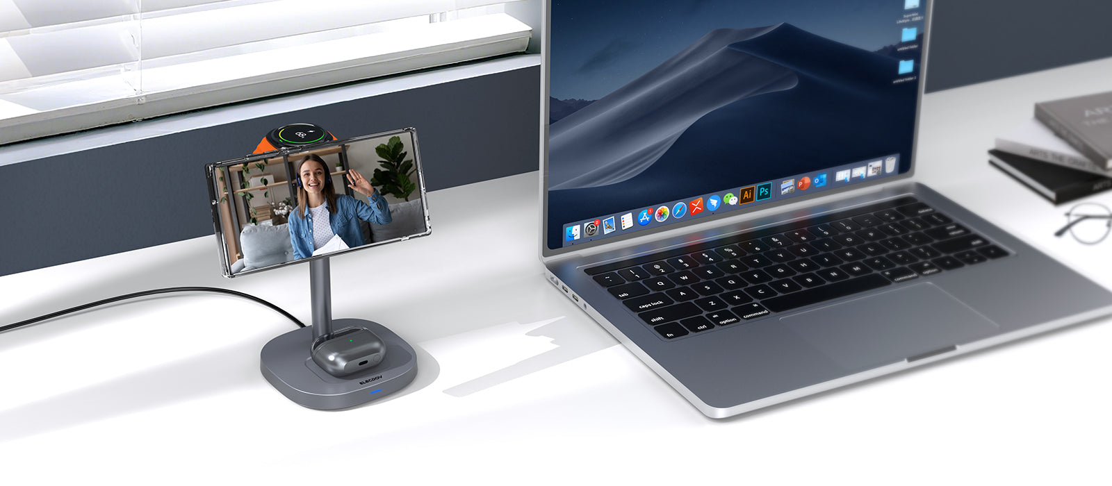 Qi2 Charging Station Desk Setup with Laptop