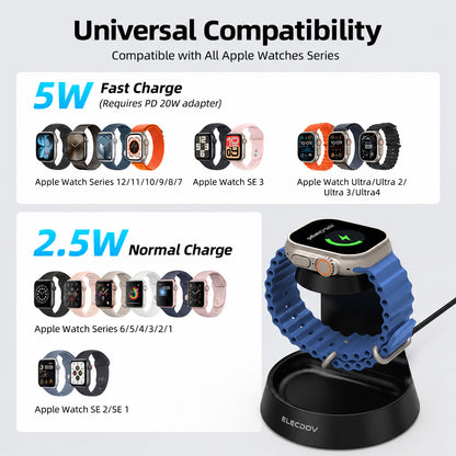 Elecdov WC01A 2-in-1 Magnetic Wireless Charging Station for Apple Watch, 5W Fast Charger Stand with Storage Organizer, Compatible with Series 12 & Ultra 4